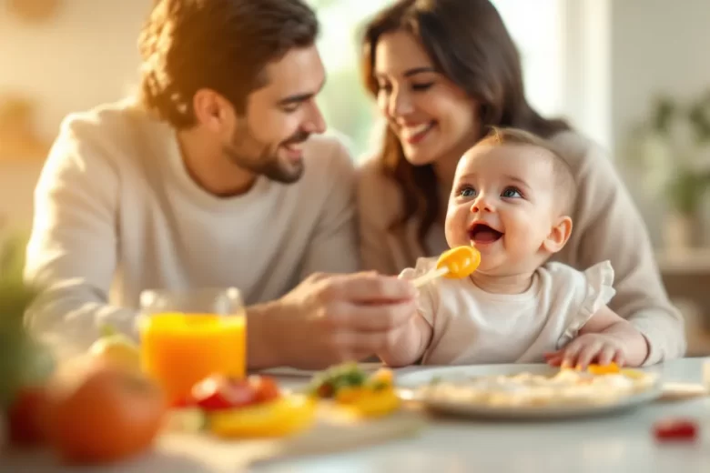 um homem e uma mulher alimentando o bebê